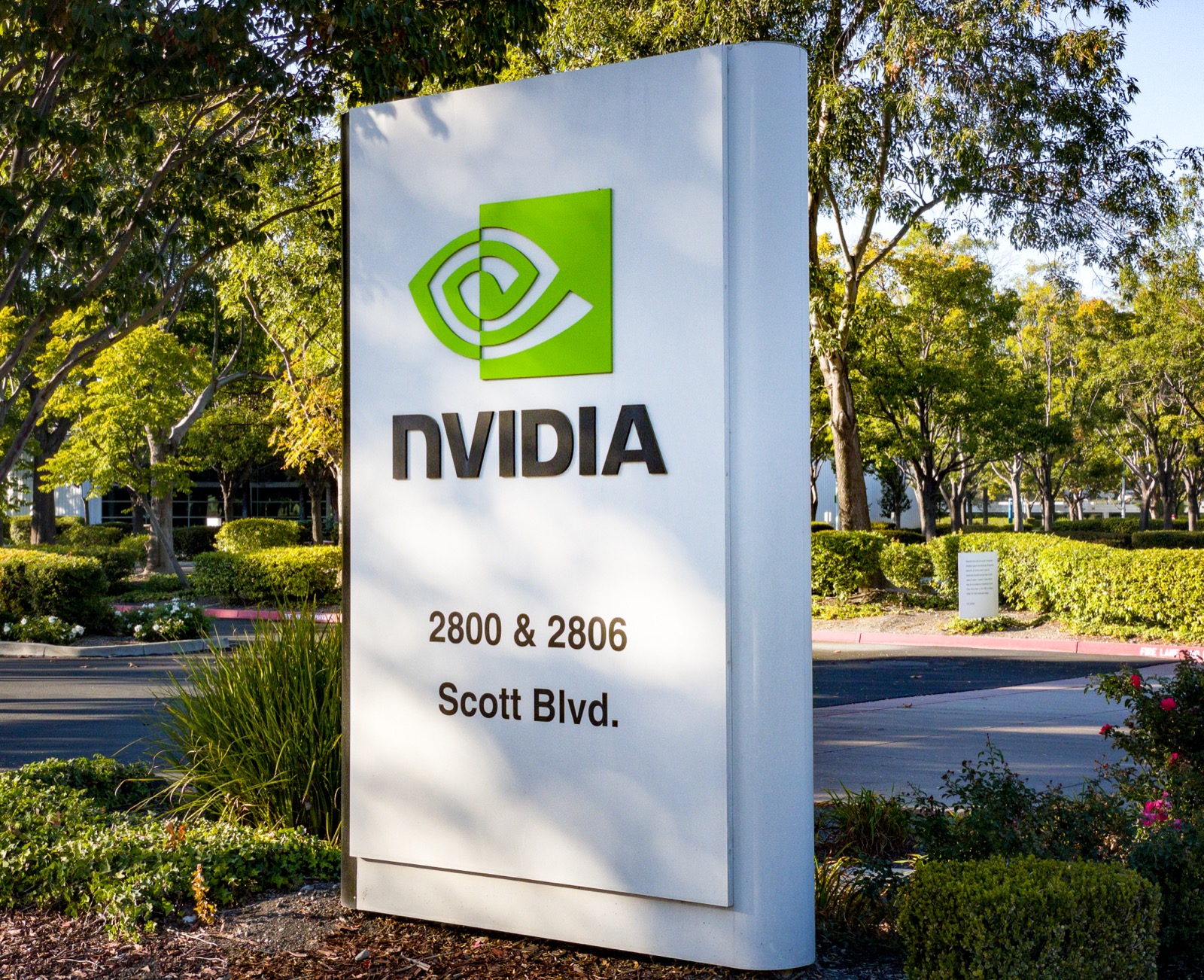 The Nvidia sign outside the company's headquarters campus on Scott Boulevard, Santa Clara, California